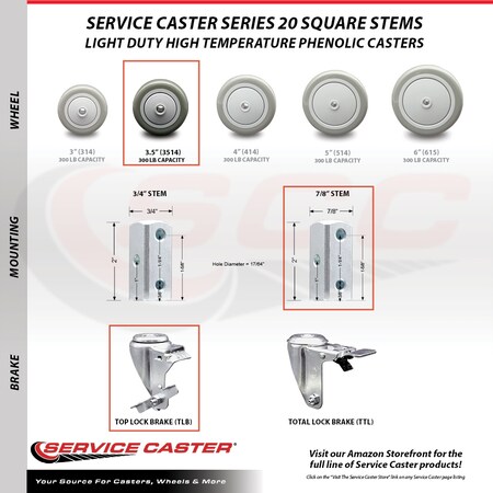 Service Caster 3.5 Inch Gray Poly Wheel Swivel 7/8 Inch Square Stem Caster Set with Brake SCC SCC-SQ20S3514-PPUB-GRY-TLB-78-4